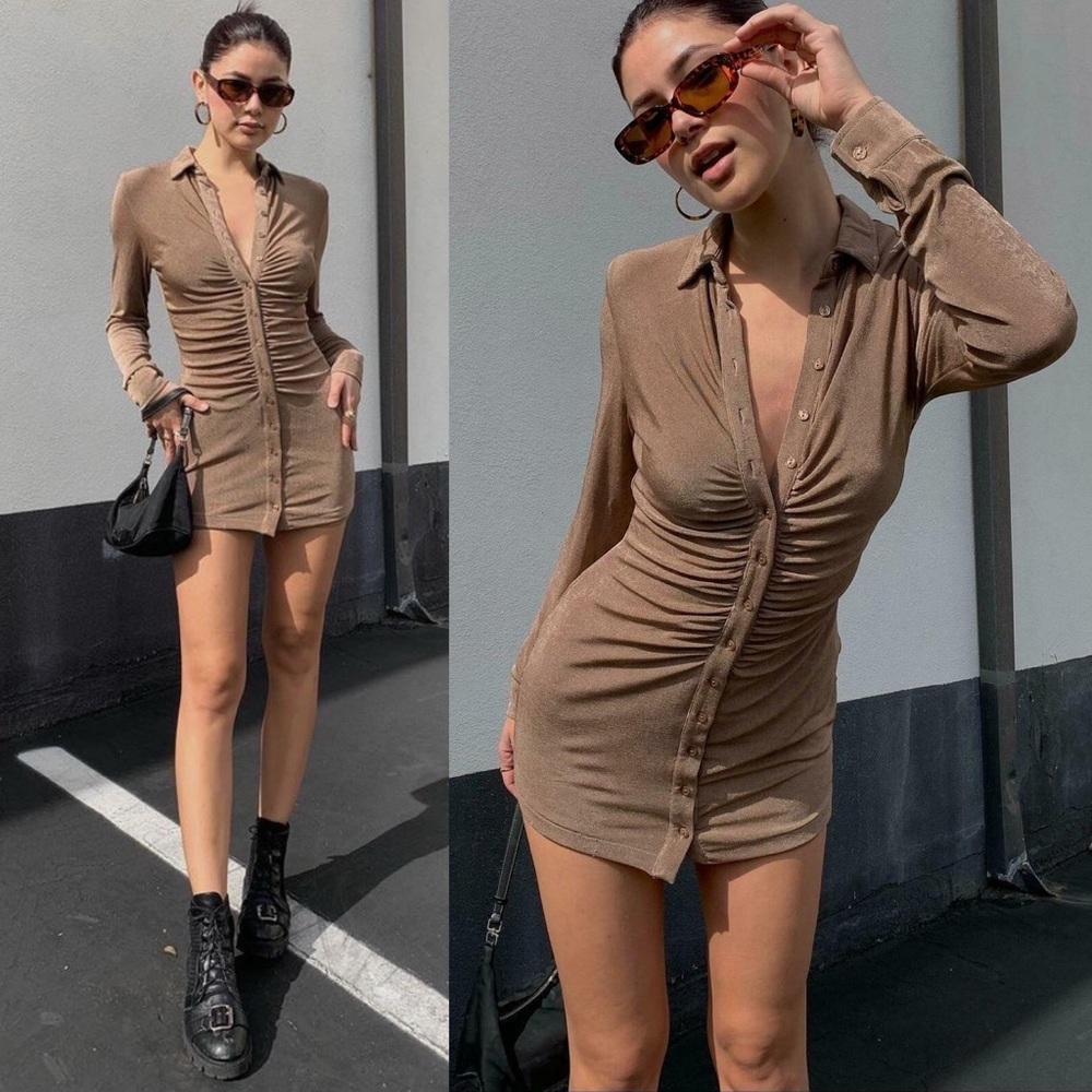 With Jean Taupe Ruched Button-Front Mini Dress - Picture 7 of 14